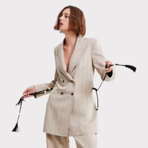NWOT Zara Camel Striped Blazer Tassel Belted Jacket Women's Size Medium